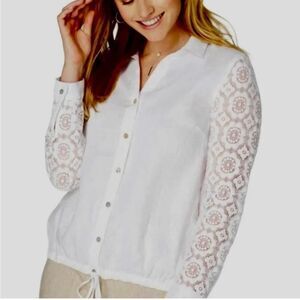 J. Jill White Linen Button Front Lace Sleeves Drawstring Waist Blouse Size M